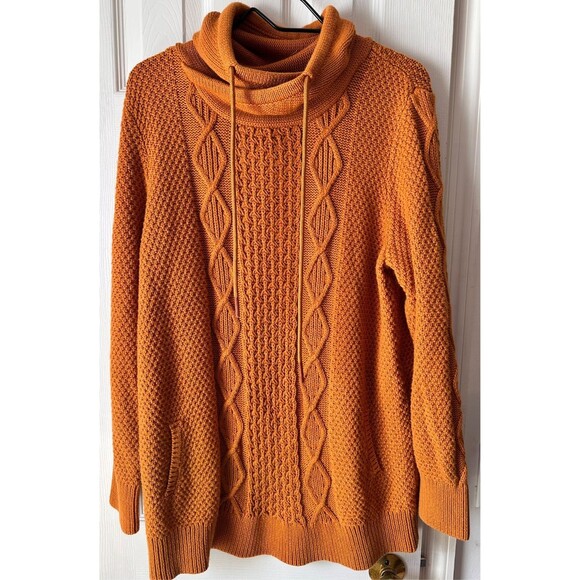 LL Bean Signature Women's Funnelneck Sweater Size XL Cable Knit Mustard Gold - Picture 1 of 9